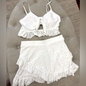 White eylet bikini with ruffle skirt